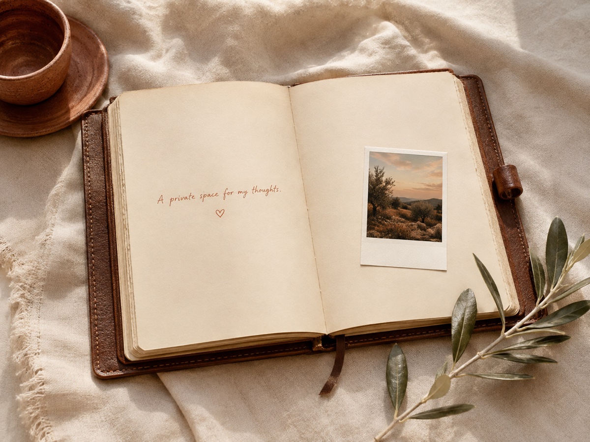 An open leather Diary on warm linen with a photograph and olive leaves