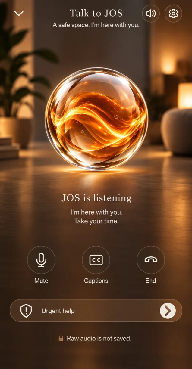 JOS Aura conversation preview with mute, captions, end and urgent help controls.
