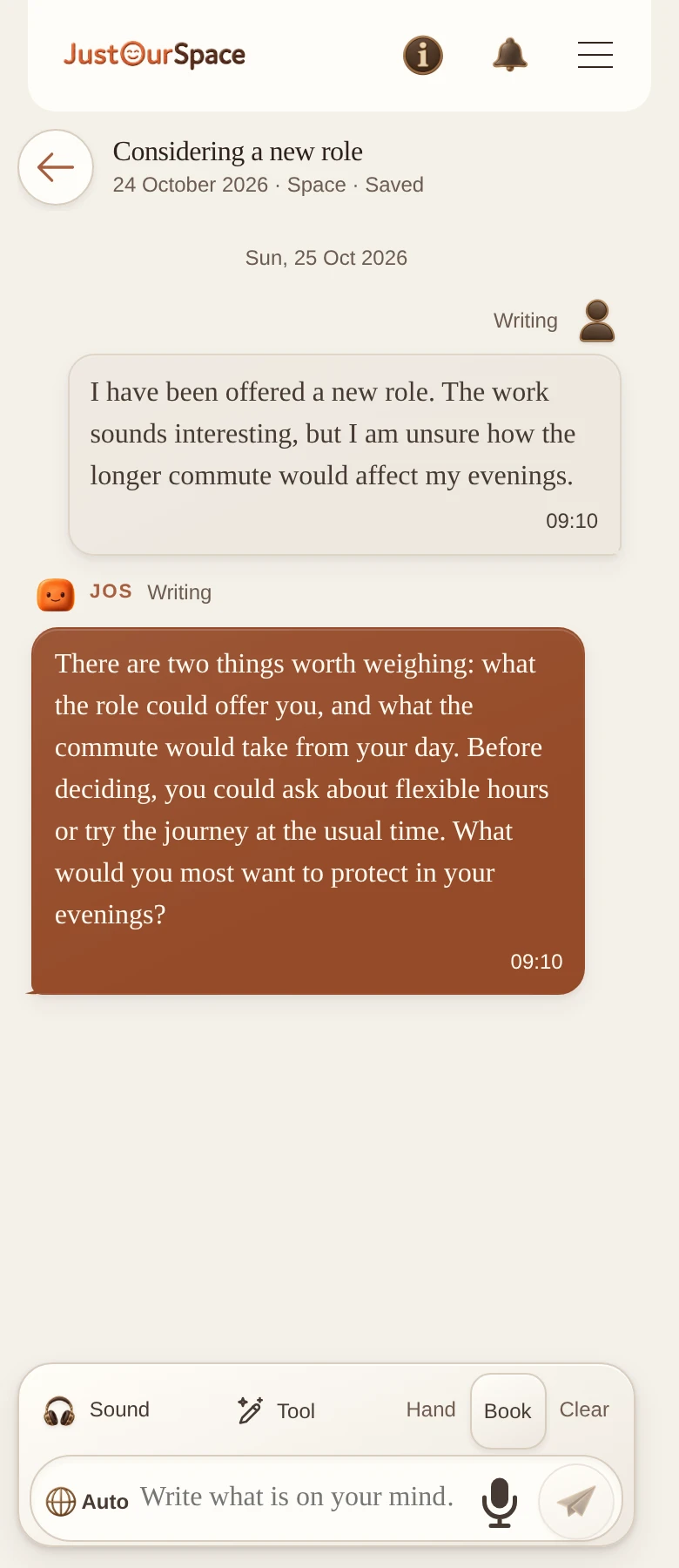 Beispielansicht von Chat with JOS mit Beispieltext zu einer beruflichen Entscheidung.
