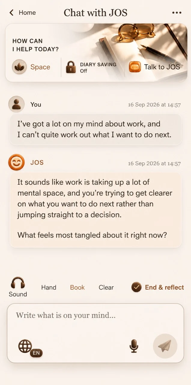 Example Chat with JOS screen, with sample writing about a work decision.