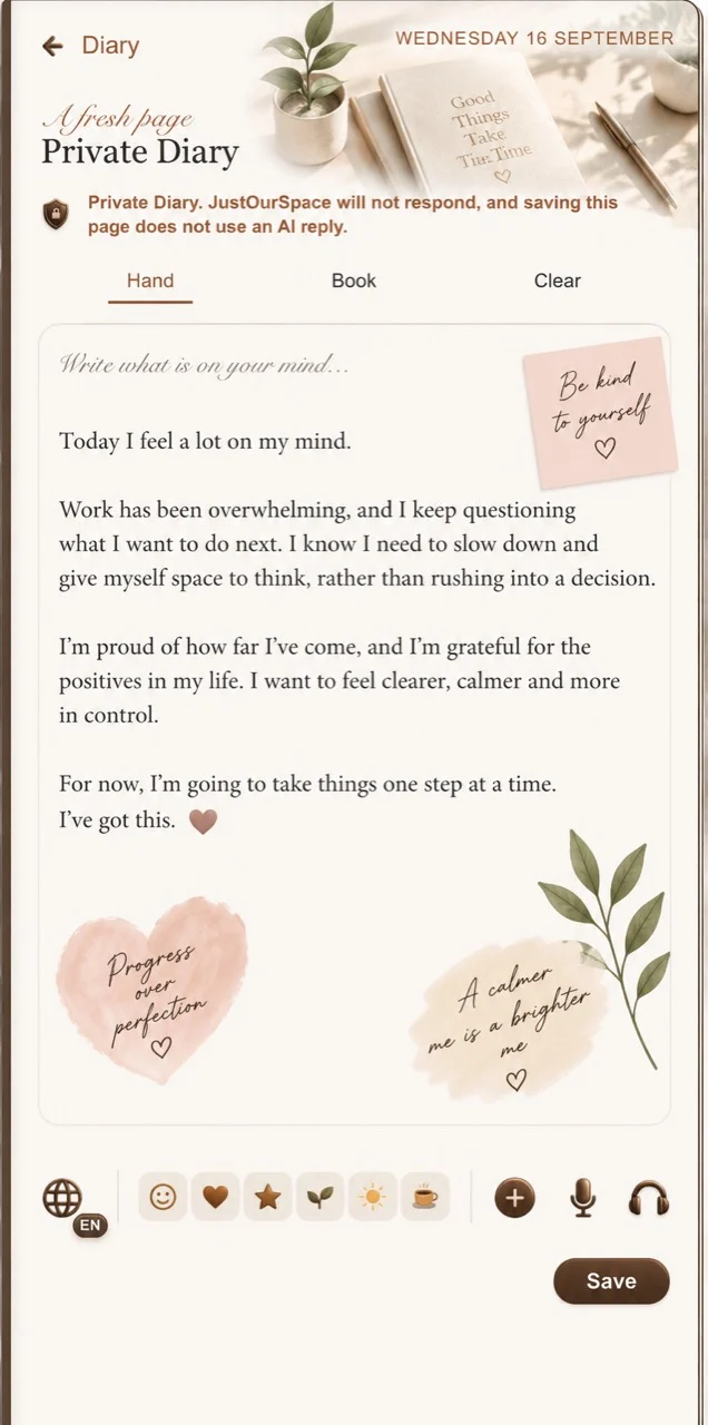 Private Diary preview with sample writing, journal stickers and a Save button.