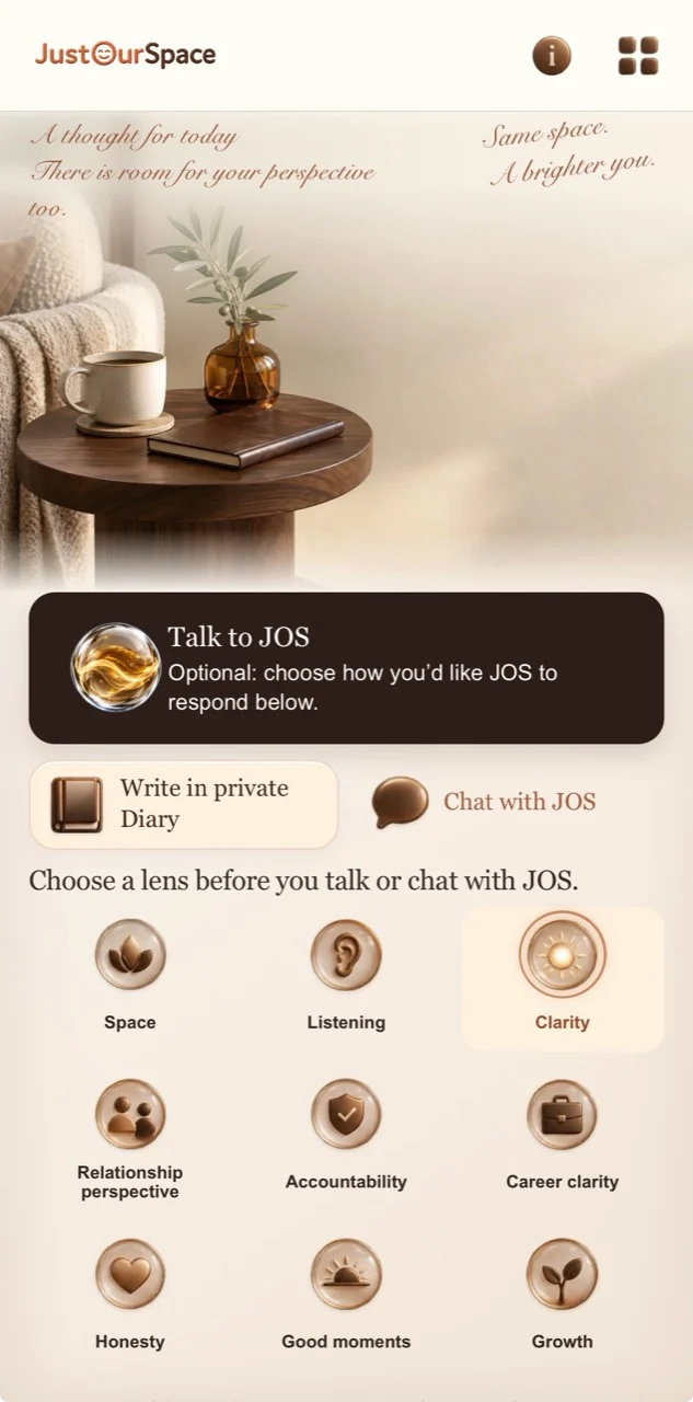 Inside JustOurSpace: voice, text, private Diary and nine conversation lenses.